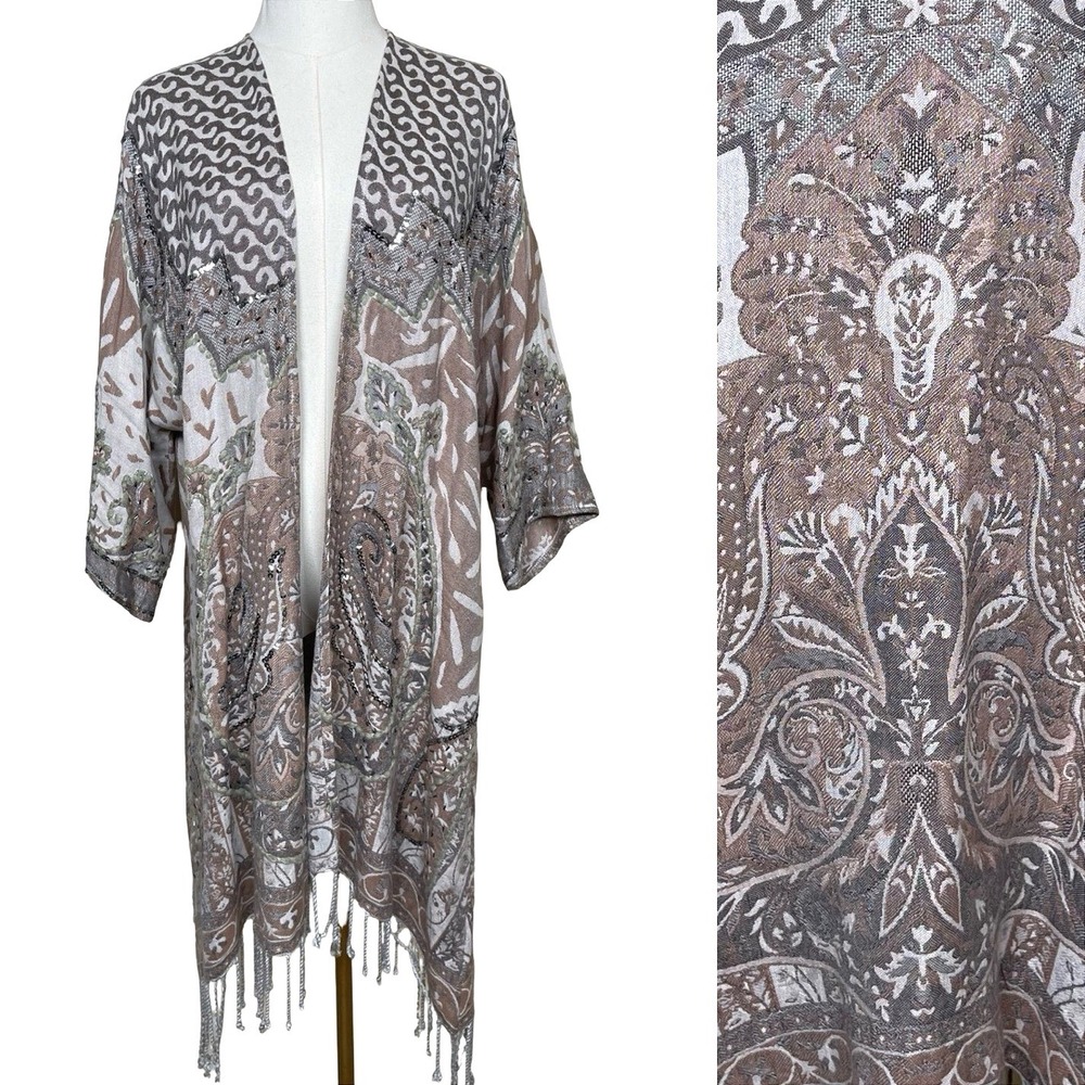 Soft Surroundings Paisley Sequin Fringe Kimono Women L/XL Brown Boho Cardigan